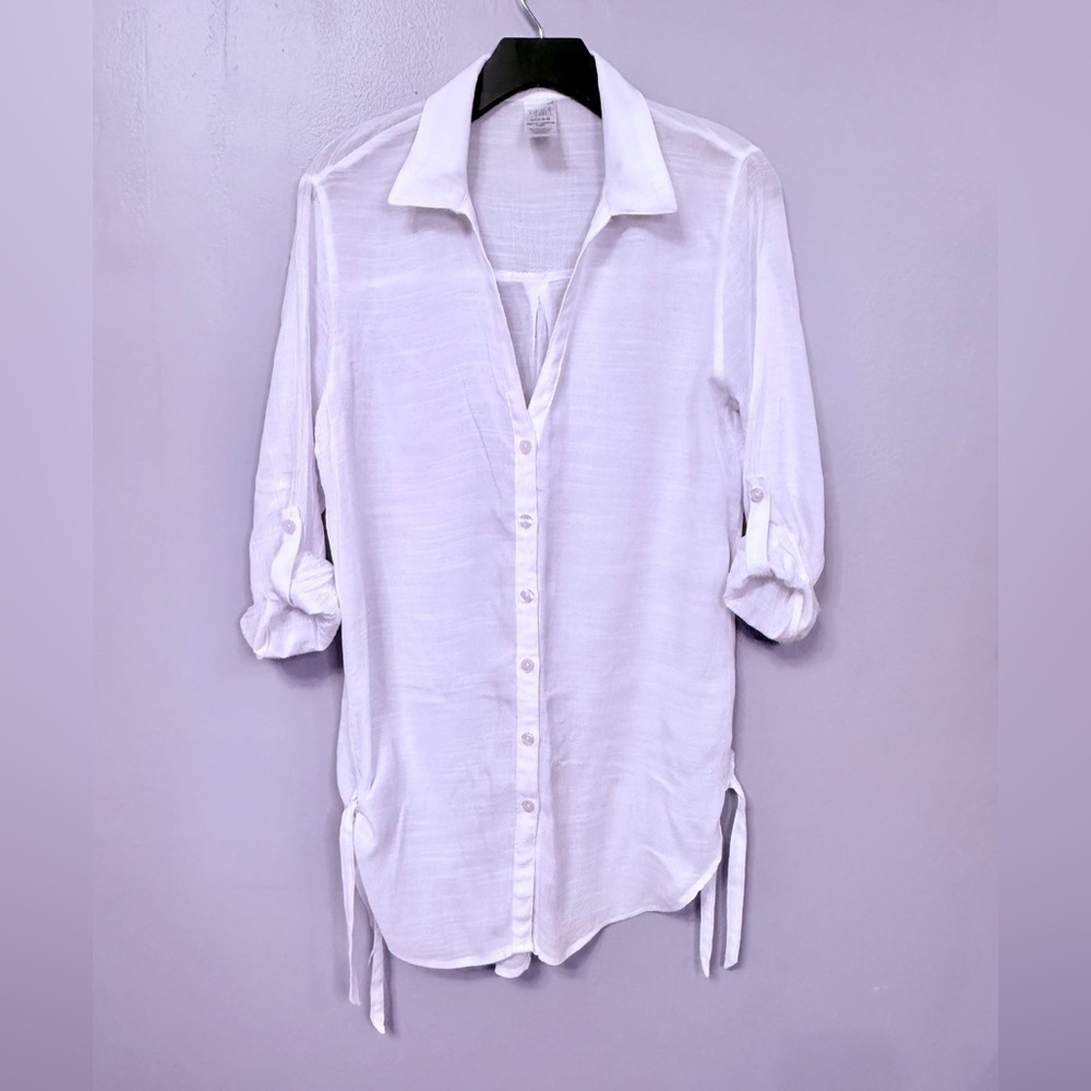 #12)   NWOT   Time and Tru  White Sheer Button-Up Shirt